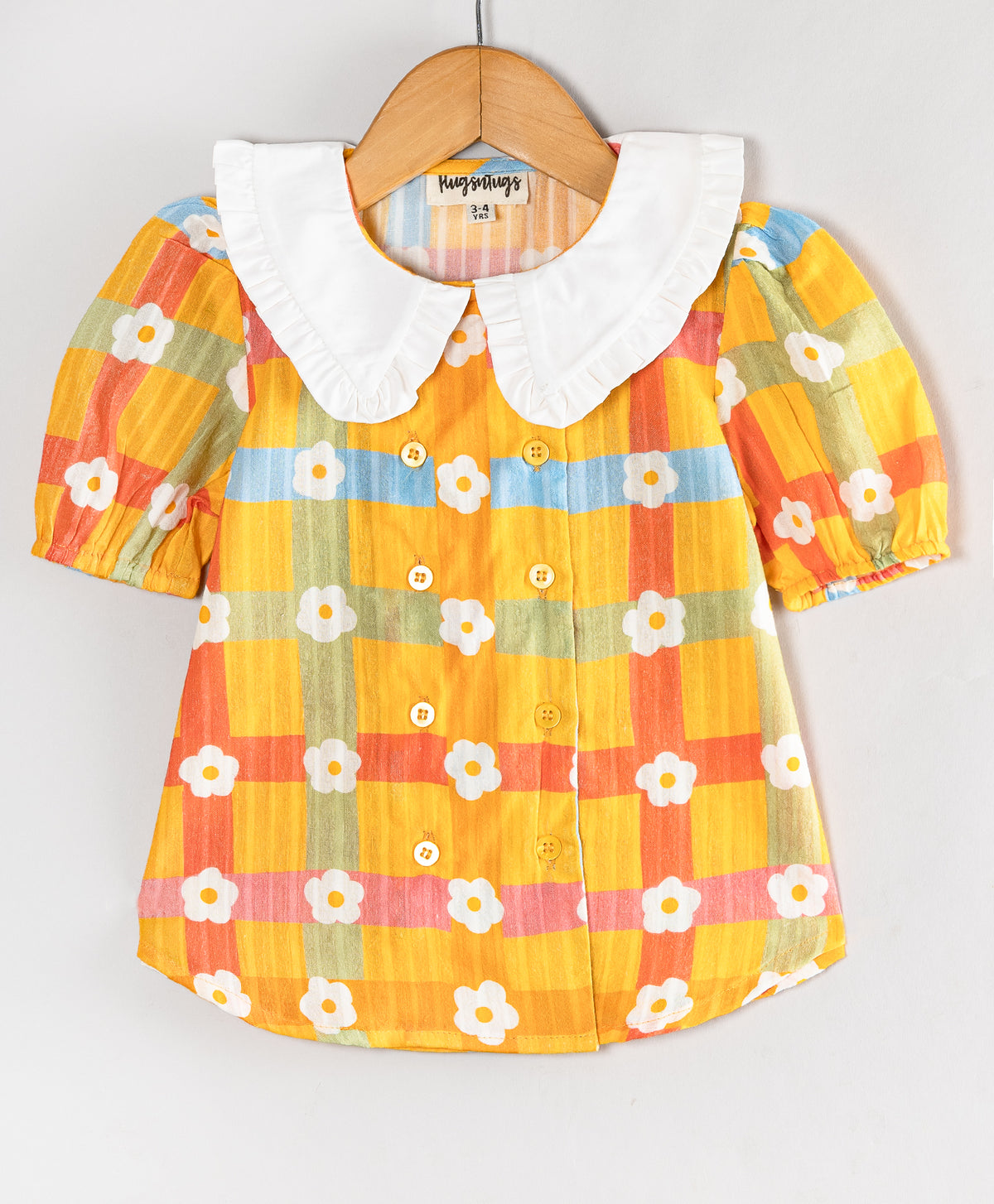 SMALL FLOWER ON CHECK PRINT TOP WITH BIG COLLARS