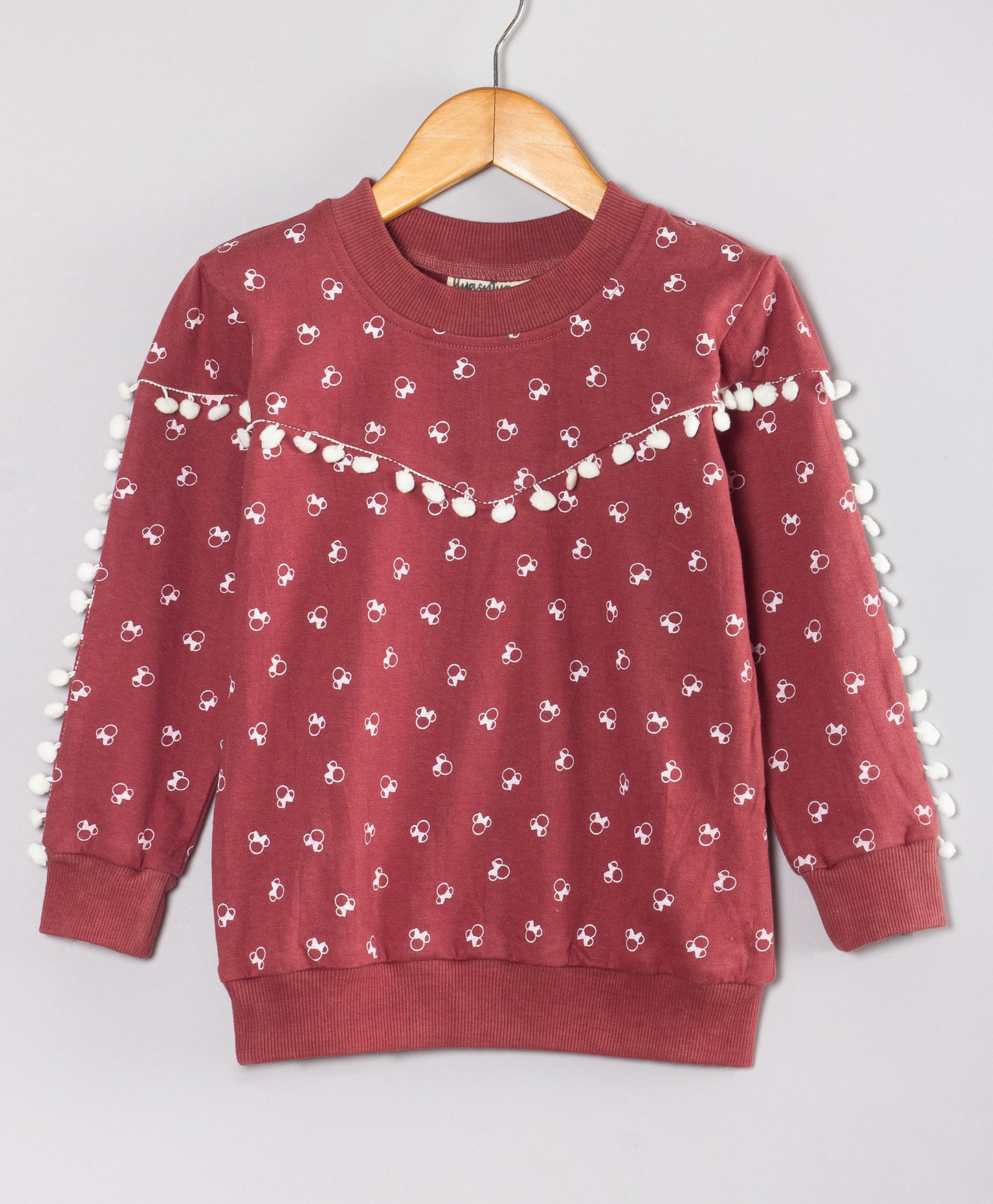 CARTOON PRINT WINTER TOP WITH POMP0OM LACE