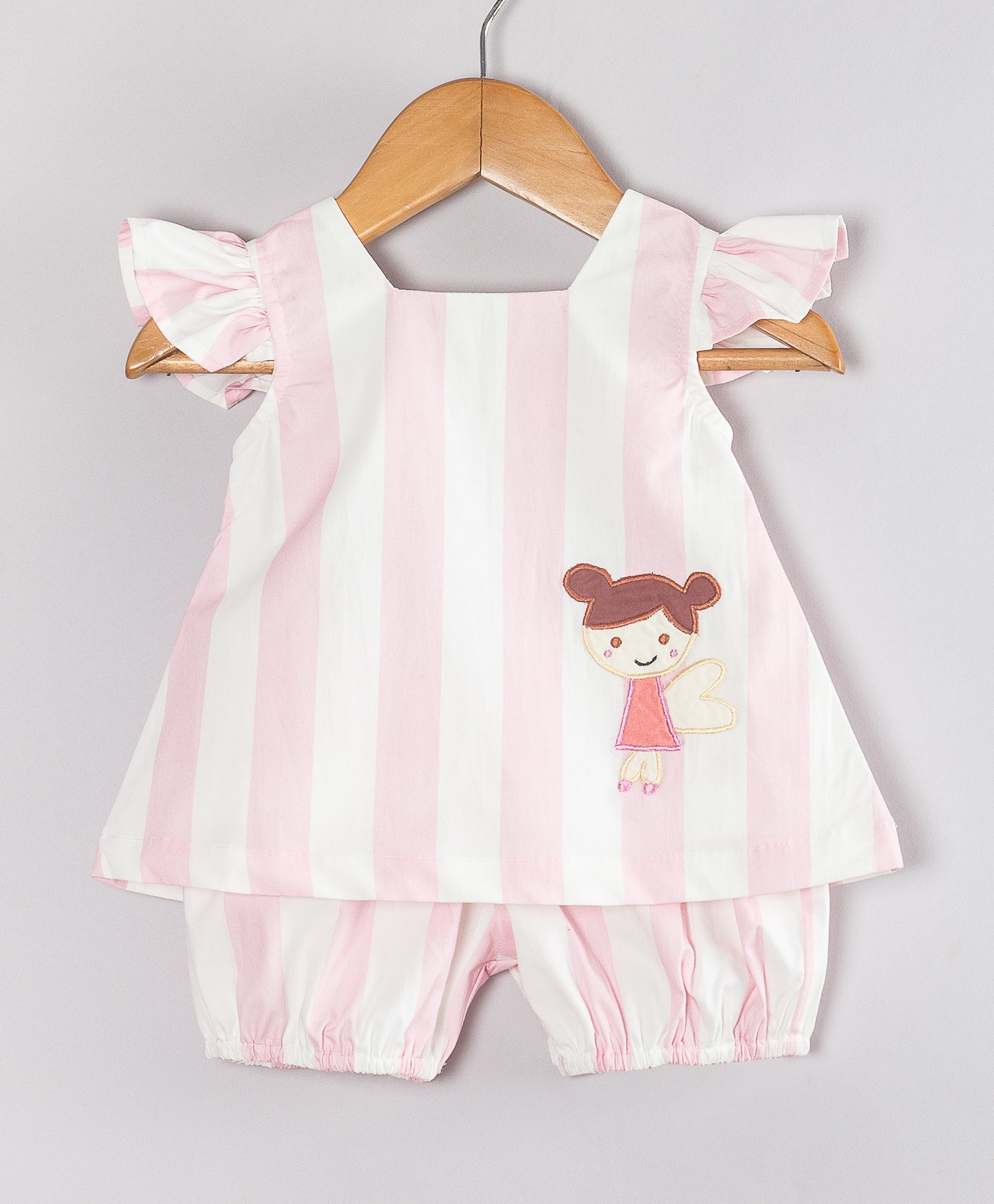 PINK STRIPE PRINT INFANT SHORTS SET WITH FAIRY PATCH