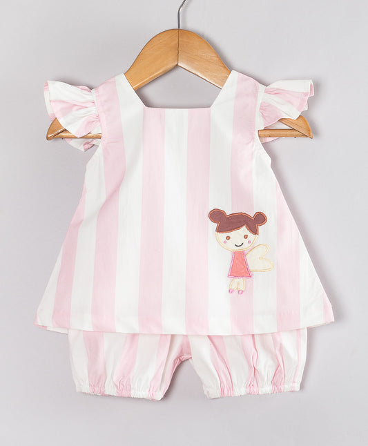 PINK STRIPE PRINT INFANT SHORTS SET WITH FAIRY PATCH