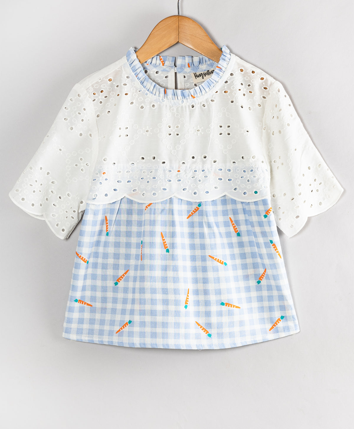 BLUE CHECK TOP WITH SCHIFLI OVERLAY YOKE AND SLEEVES