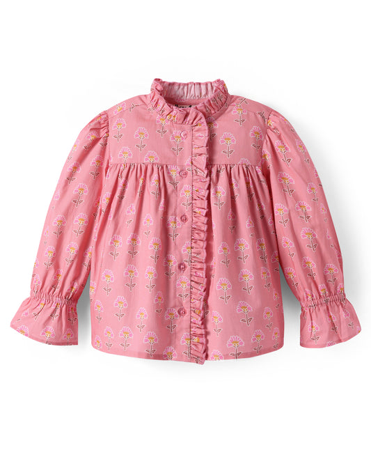 PINK MOTIF PRINT TOP WITH FRILL AT NECK AND CENTRE FRONT PLACKET