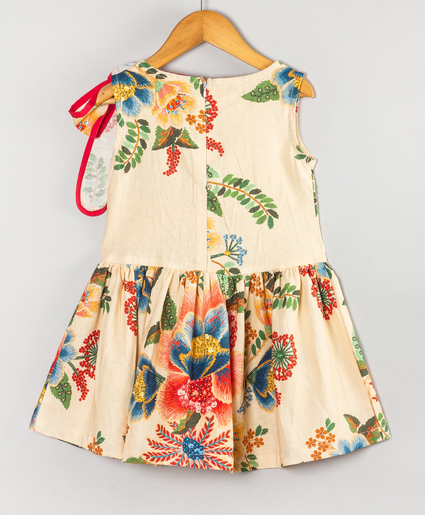 ECRU FLORAL DRESS WITH ONE SHOULDER TIE UP