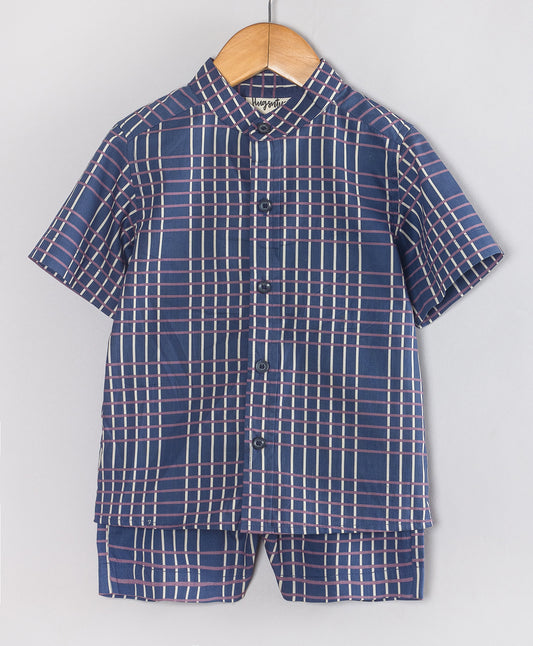 NAVY ENGINEERED STRIPES PRINT BOYS SHORTS SET