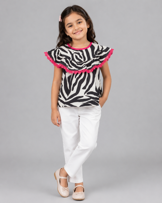 ZEBRA PRINT TOP WITH CONTRAST LACE