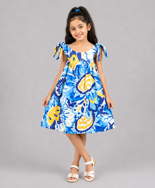 BLUE AQUA PRINT DRESS WITH SHOULDER TIE UPS