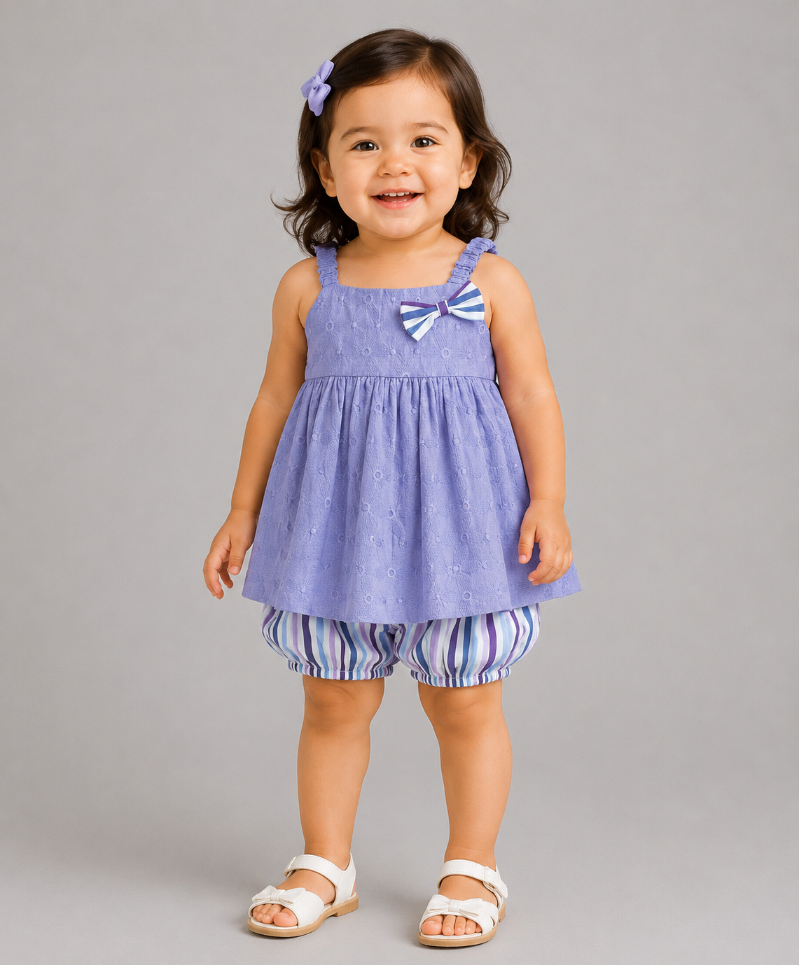 LIGHT PURPLE SCHIFFLI INFANT SET WITH STRIPE SHORTS
