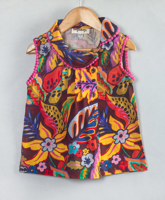 MULTI FLORAL PRINT ASYMMETRIC PETER PAN COLLARS WITH CONTRAST LACE