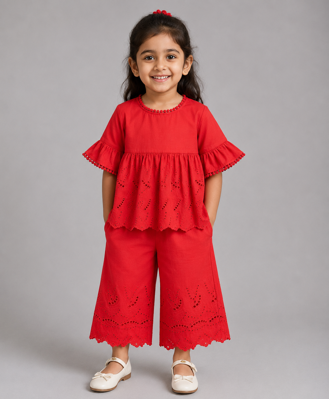 RED SCHIFFLI CO-ORD SET