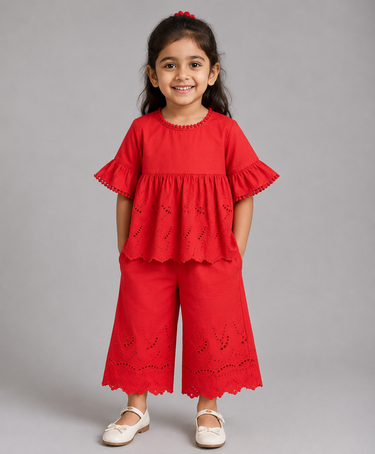 RED SCHIFFLI CO-ORD SET