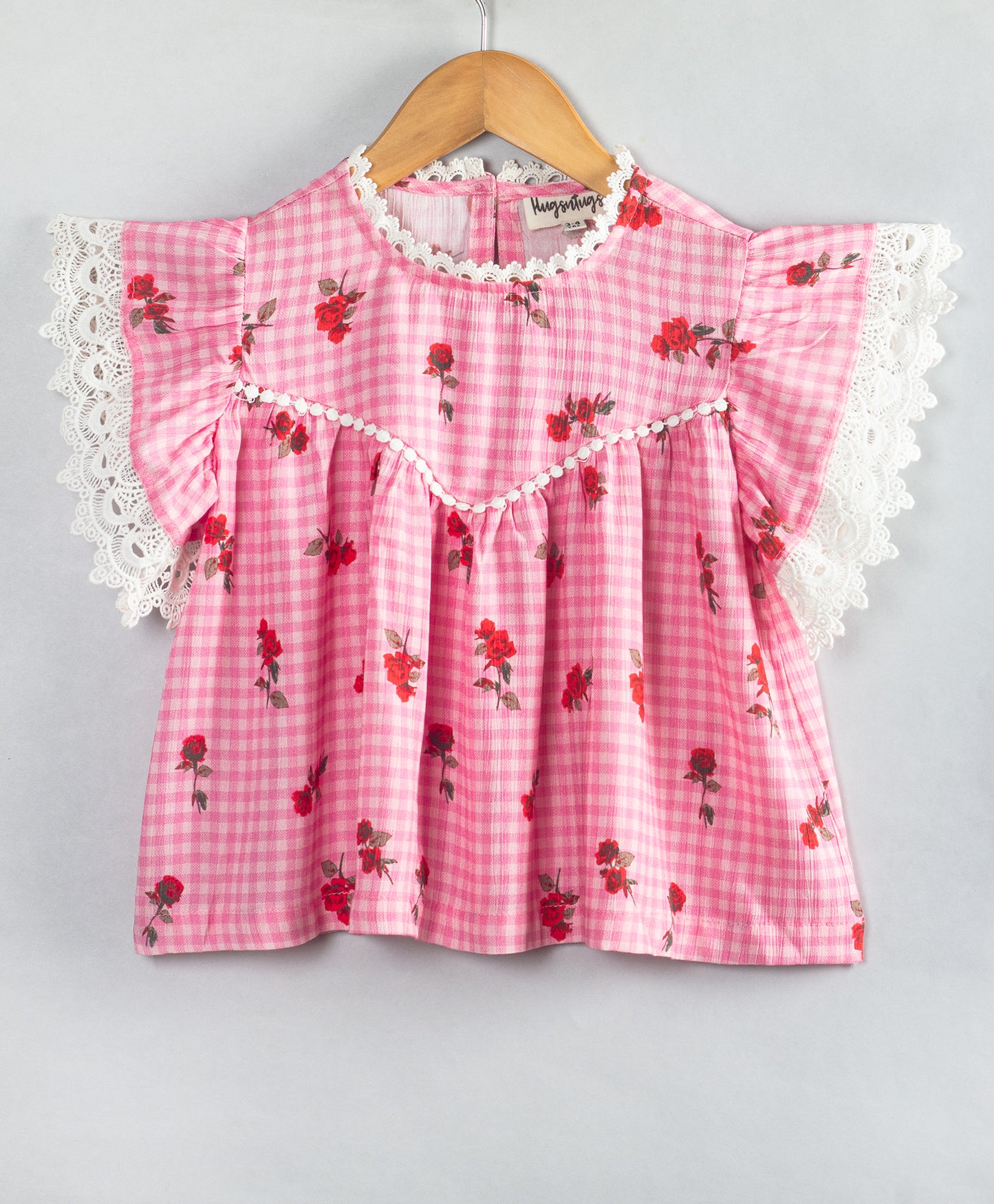 FLOWER ON CHECK PRIONT TOP WITH CONTRAST LACES