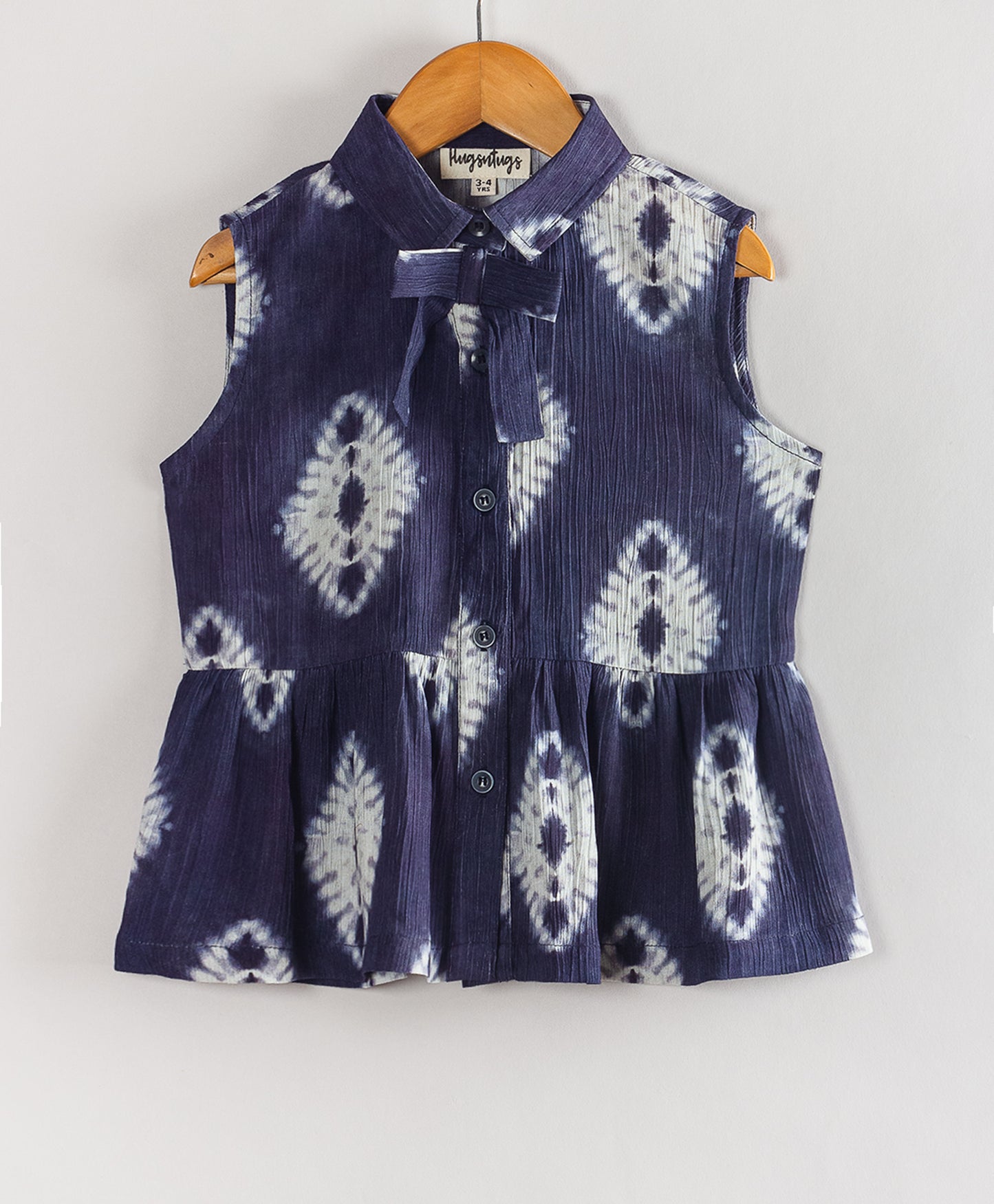 NAVY TIE DYE PRINT TOP WITH BOW TIE AT  FRONT NECK