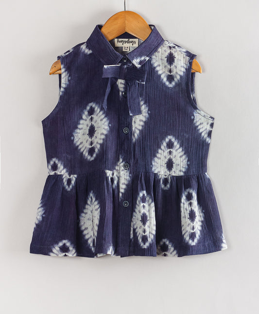 NAVY TIE DYE PRINT TOP WITH BOW TIE AT  FRONT NECK
