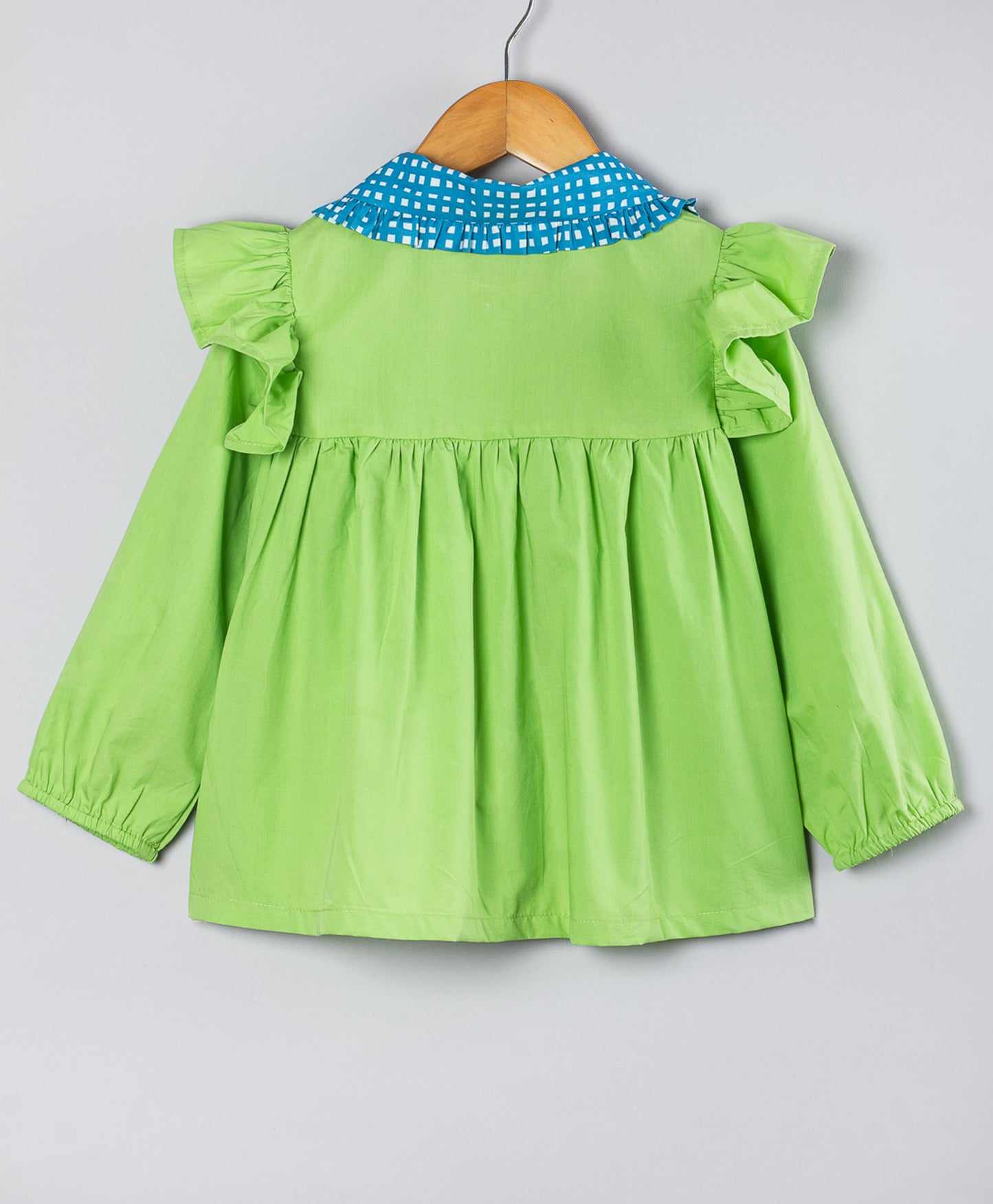 LIME GREEN TOP WITH BLUE CHECK PRINT COLLAR