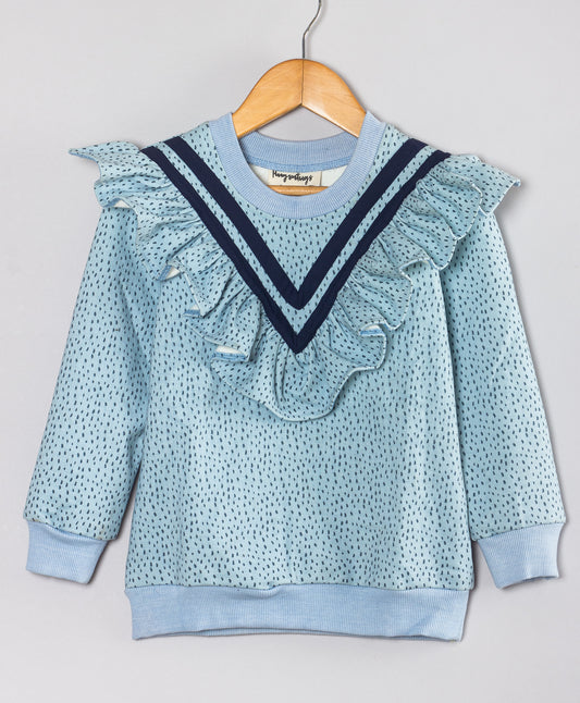 BLUE DOT PRINT WARM TOP WITH FRILL ALONG YOKE