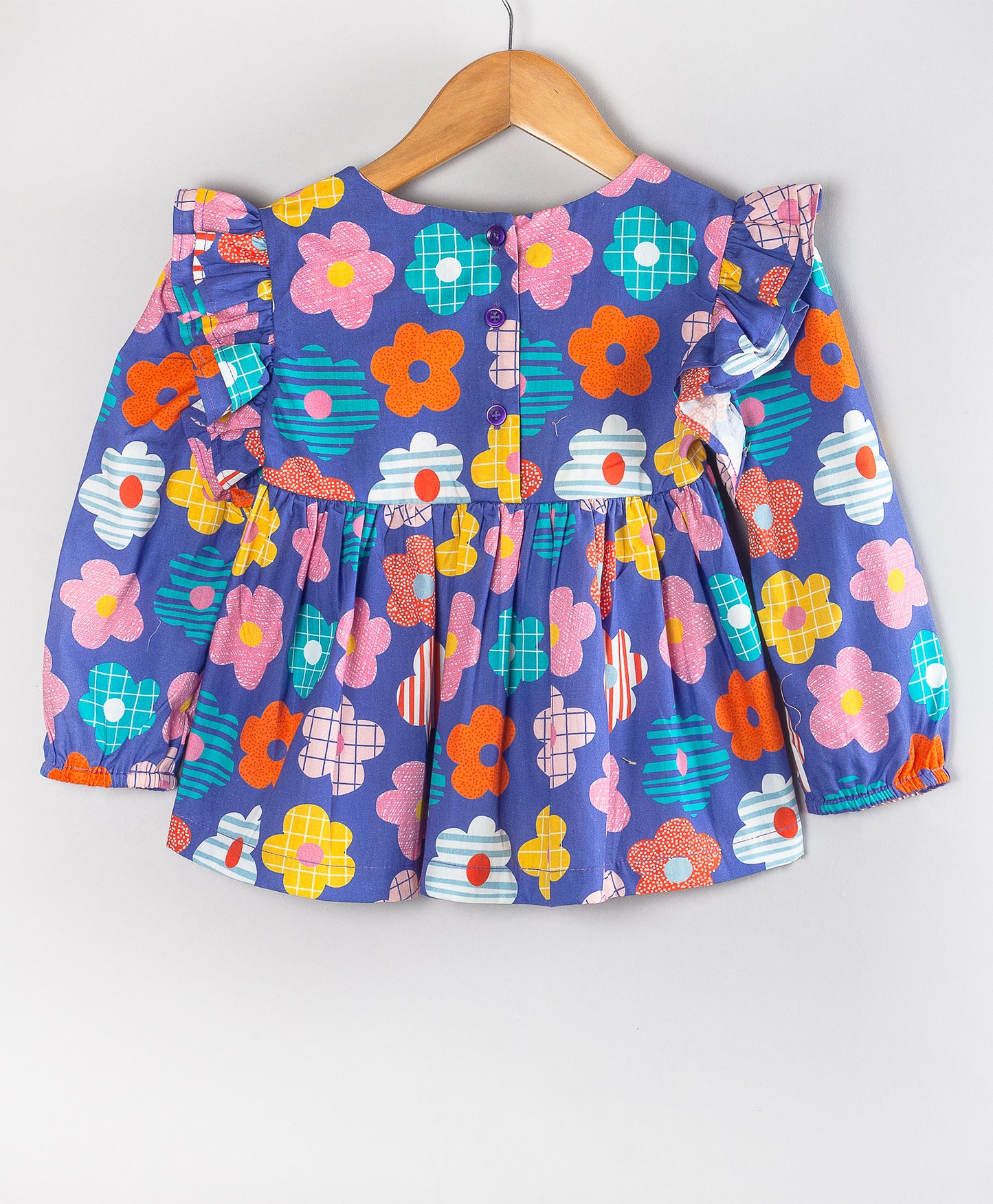 BLUE MULTI DESIGN FLOWER PRINT TOP WITH CONTRAST NECK TIE UP