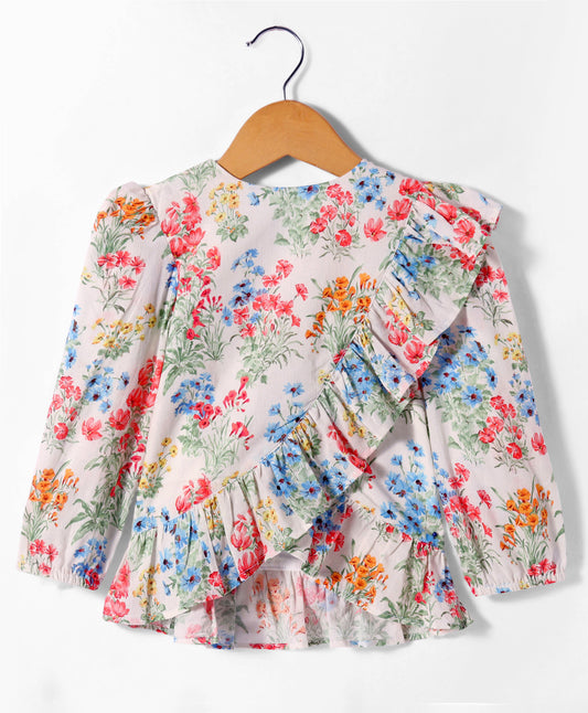 FLORAL PRINT TOP WITH FRILL ACROSS FRONT
