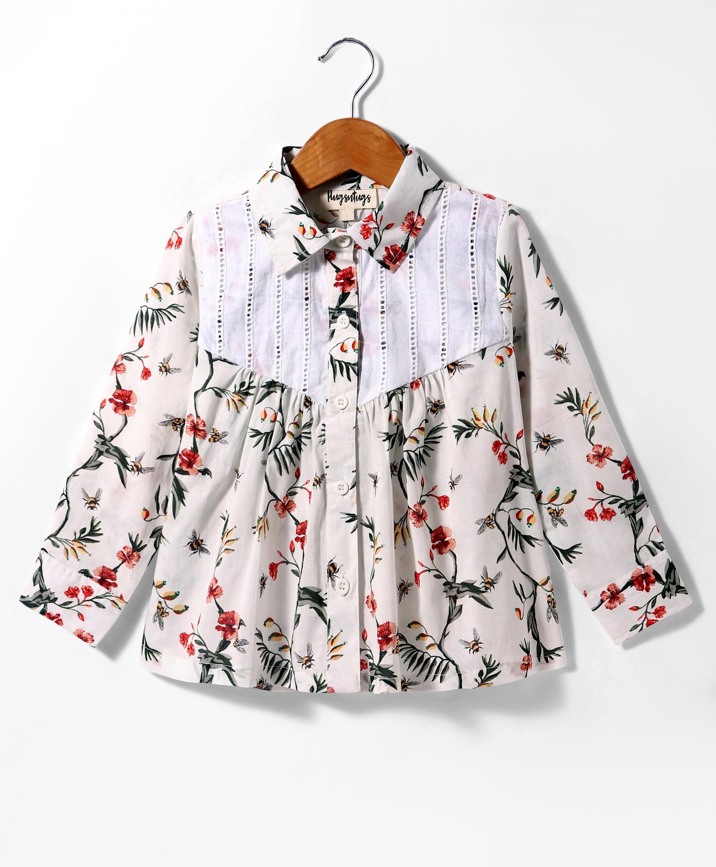 WHITE FLORAL PRINT TOP WITH SCHIFFLI INSERT AT YOKE