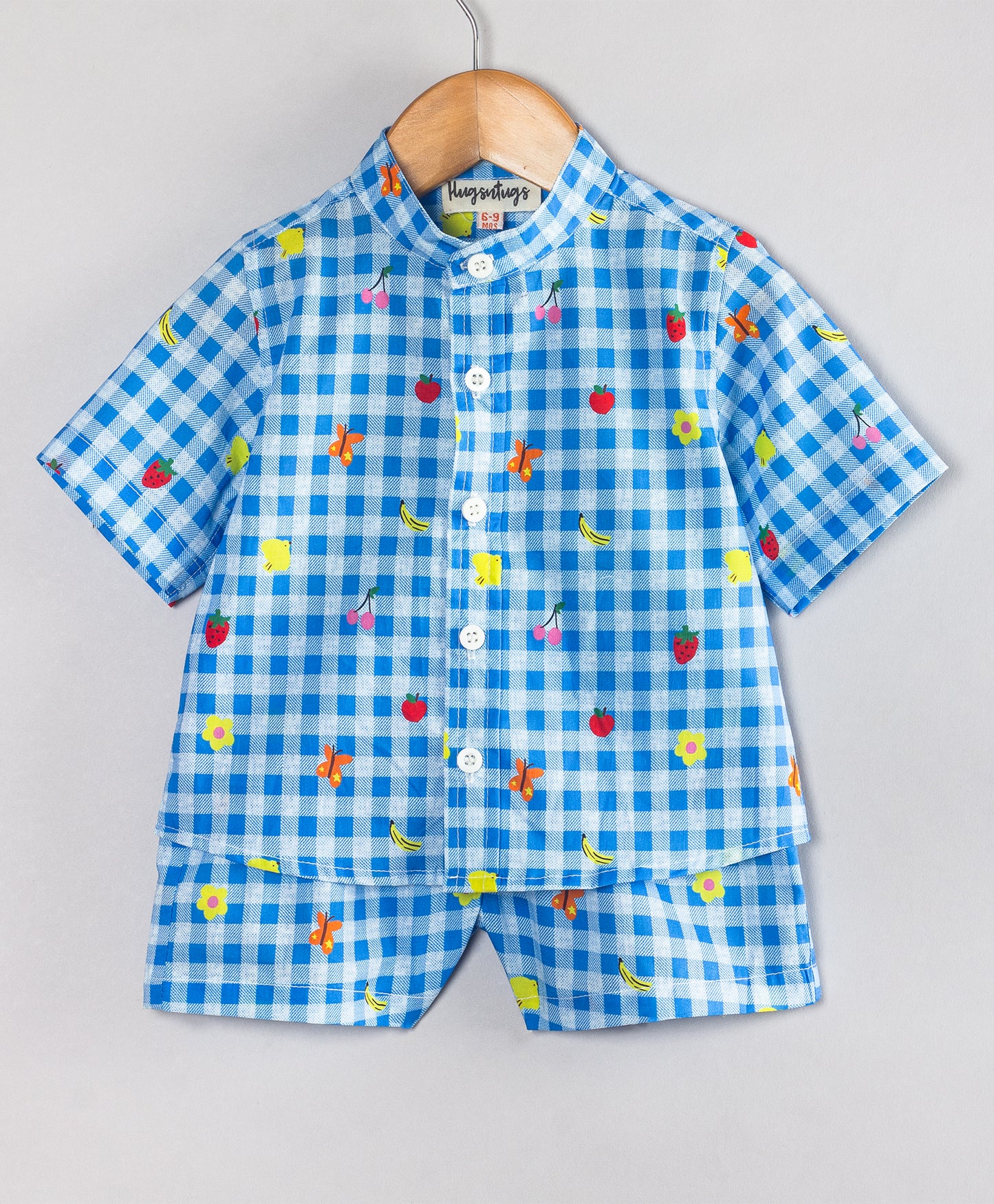 BLUE CHECK WITH FRUIT PRINT INFANT SHORTS SET
