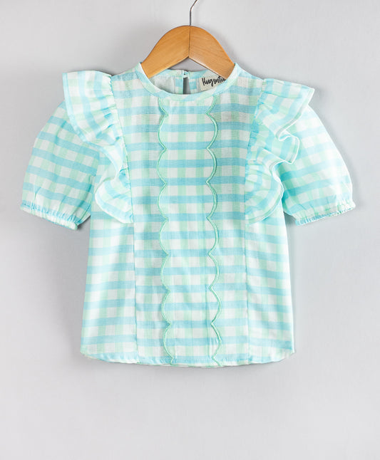 BLUE GREEN CHECK TOP WOTH SCALLOPING
