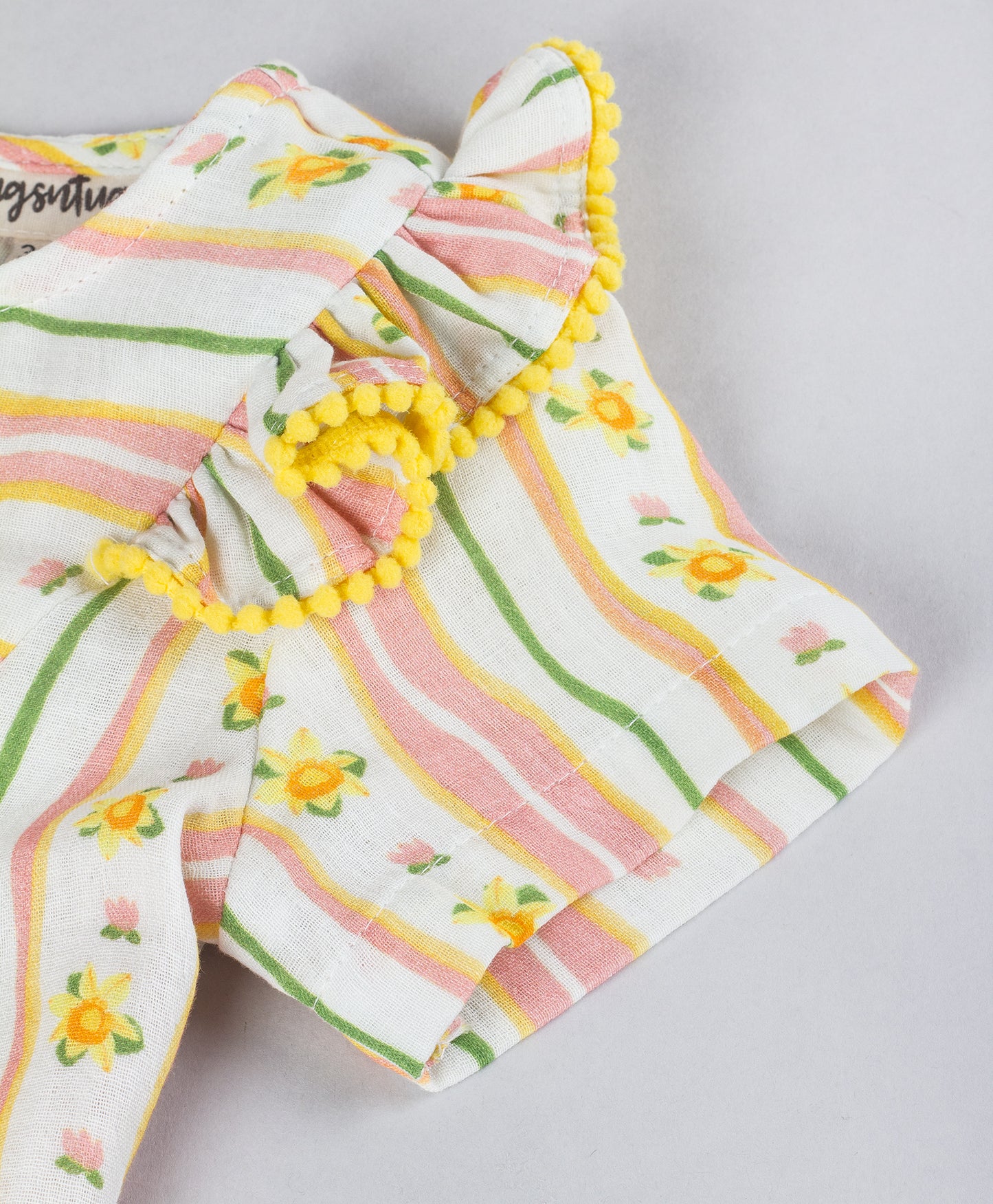 Striped & Floral Printed Frill Detailed Top - Yellow