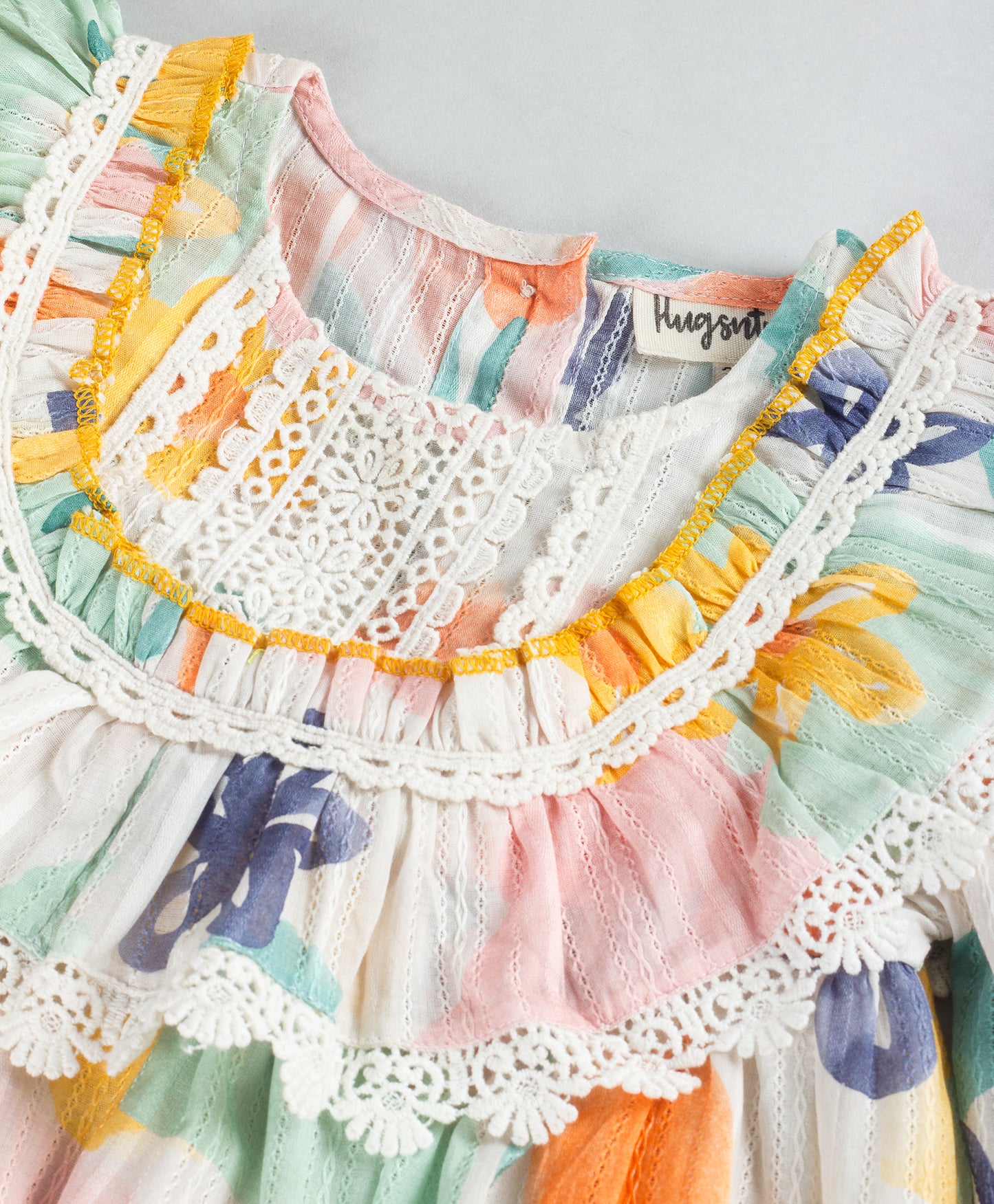 PASTEL FLORAL PRINT DRESS WITH LACE DETAILING AT YOKE