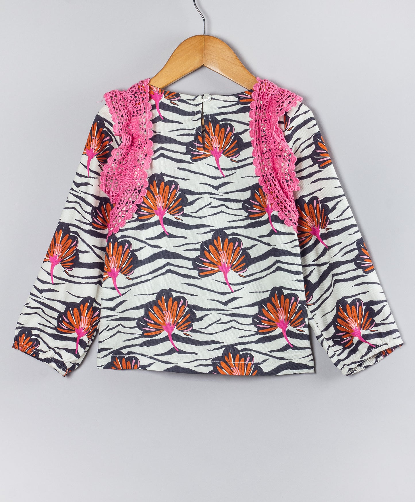 ZEBRA PRINT TOP WITH LEAF PRINT AND LACE DETAILING