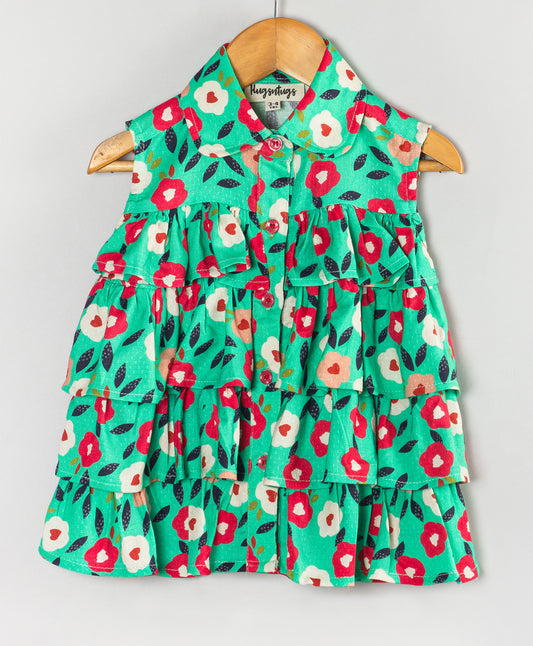 GREEN FLORAL PRINT FRILL FRONT BUTTON TOP