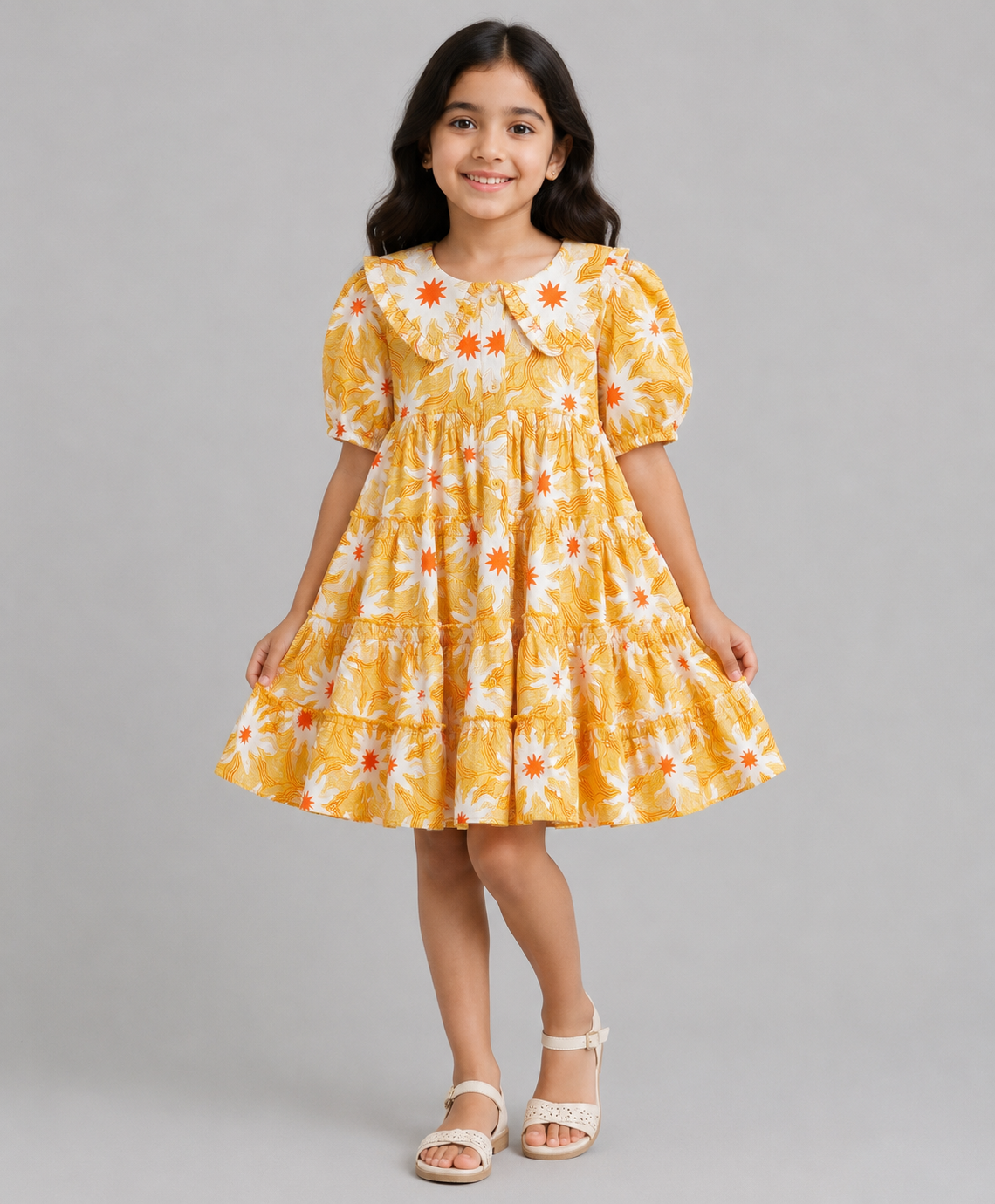 YELLOW FLORAL PRINT TIERED DRESS