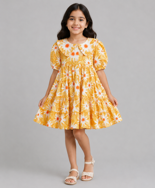 YELLOW FLORAL PRINT TIERED DRESS