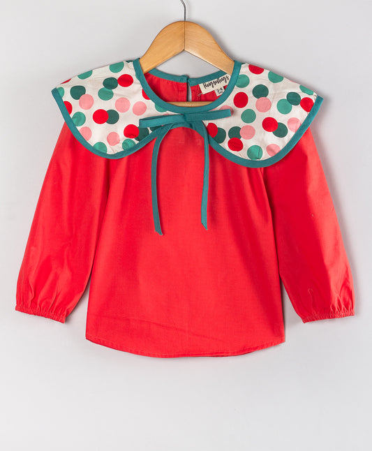 RED TOP WITH CHRISTMAS DOT PRINT BIG COLLARS