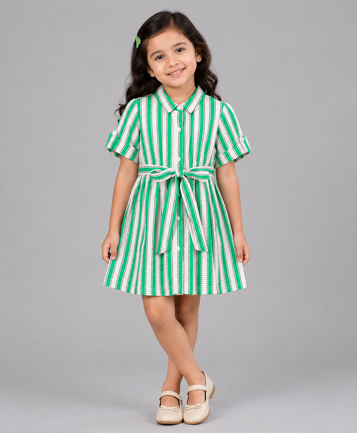 STRIPE PRINT DRESS WITH SELF BELT