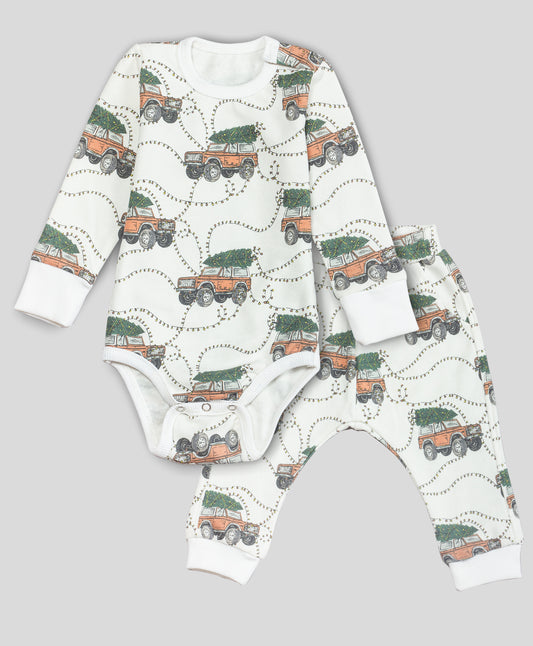 CHRISTMAS TREE ON CAR PRINT ONESIE AND PJ SET