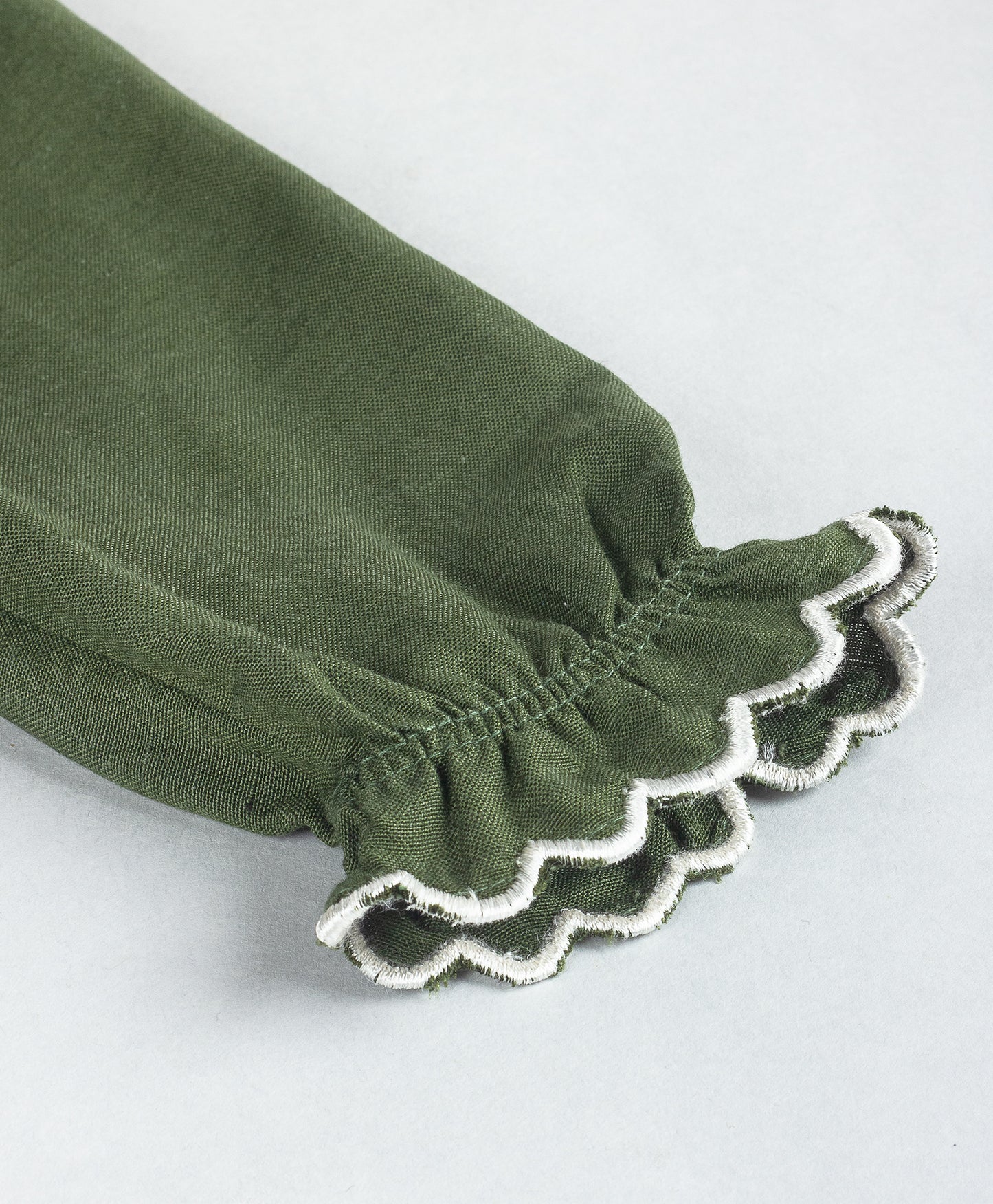 SOLID GREEN TOP WITH SCALLOPING AT COLLAR AND POCKET FLAPS
