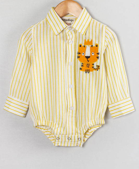 YELLOW STRIPES INFANT ONESIE WITH TIGER PATCHWORK