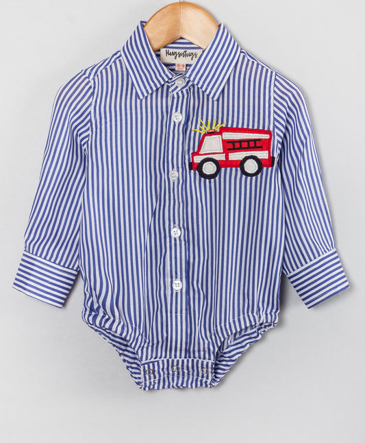 STRIPE PRINT BOYS ONESIE WITH FIRE TRUCK EMBROIDERY PATCH