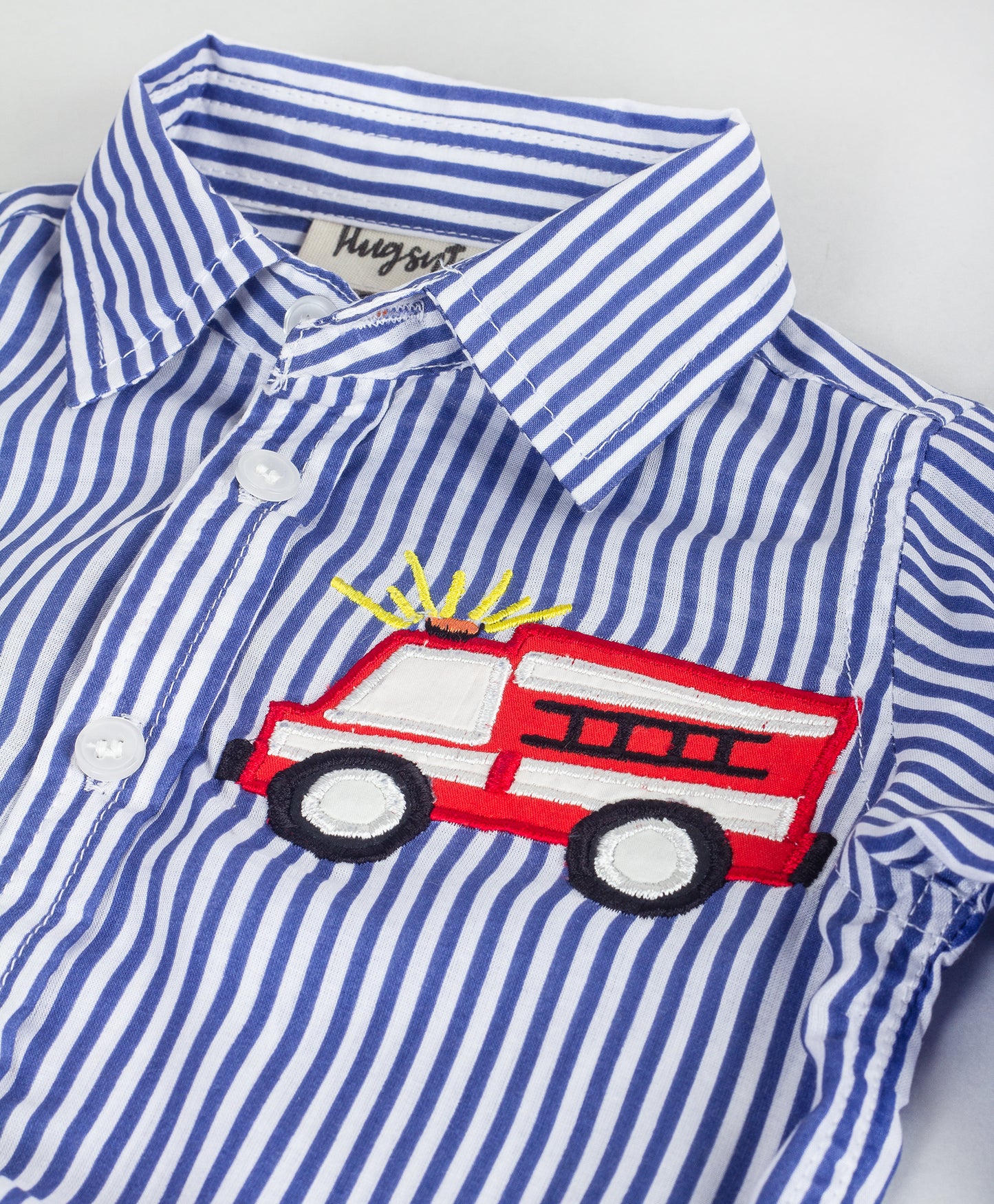 STRIPE PRINT BOYS ONESIE WITH FIRE TRUCK EMBROIDERY PATCH