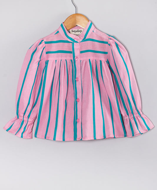 PINK BUTTONS DOWN SHIRT WITH BLUE STRIPE PRINT