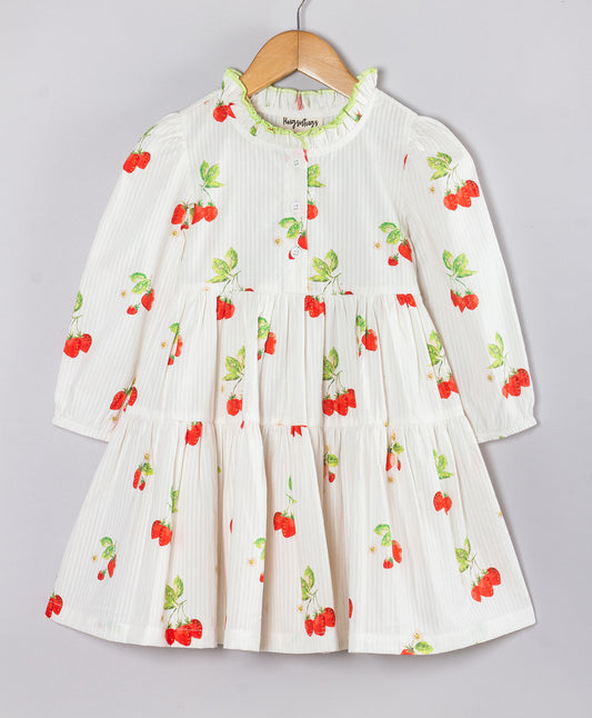 STRAWBERRY PRINT WHITE FULL SLEEVES DRESS