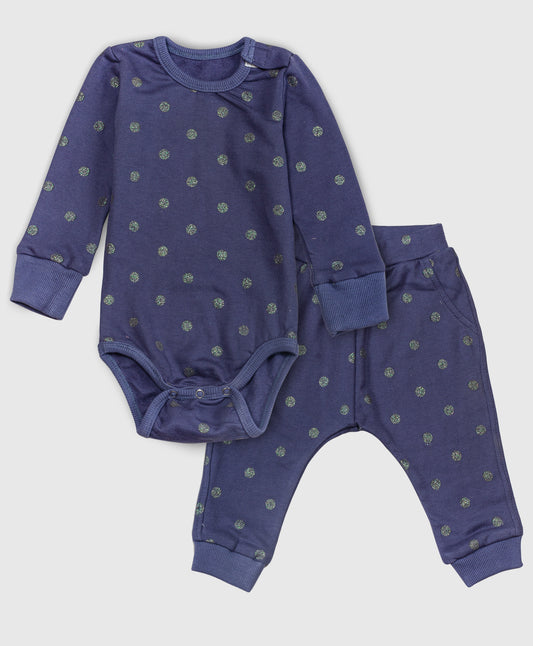 NAVY SHINEY DOT ROMPER AND PJ SET