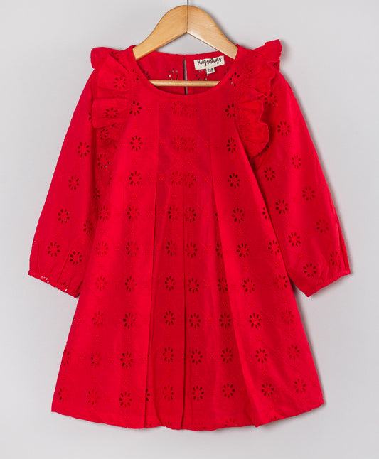 RED ALL OVER SCHIFFLI DRESS