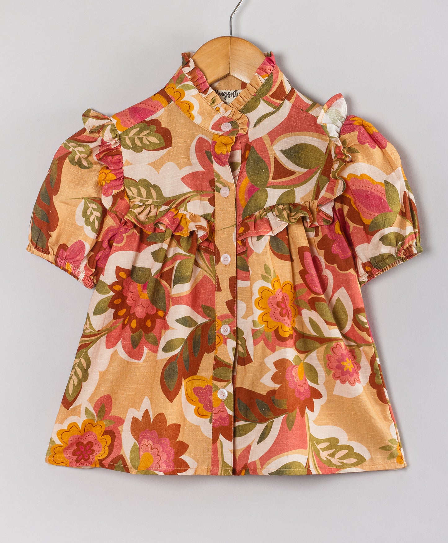 Floral Printed Shirt Style Top - Mustard
