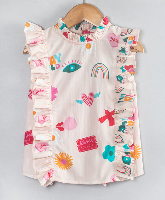 GRAFFITI PRINT TOP WITH FRILLS AT FRONT SIDES