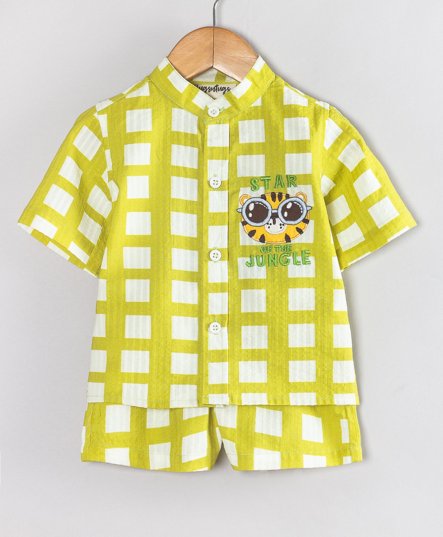 LIME GREEN CHECK SHORTS SET WITH TIGER EMBROIDERY PATCH