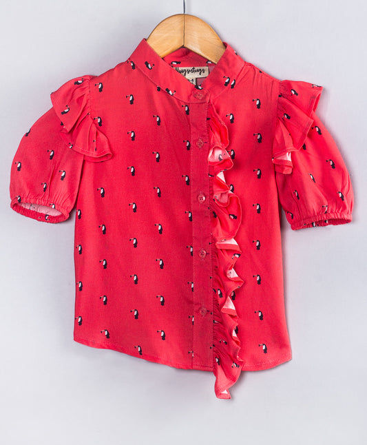 RED TOP WITH ALL OVER BIRD PRINT