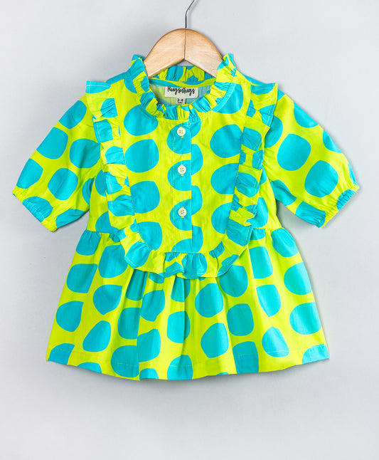 LIME TURQ BIG DOT PRINT HALF SLEEVES TOP