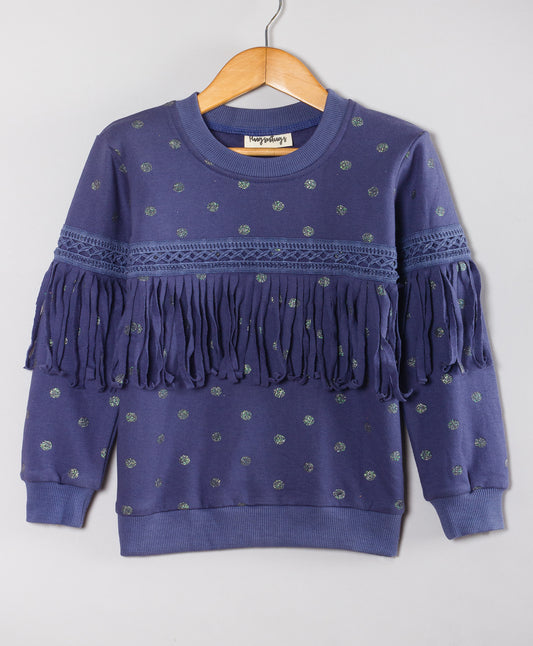 NAVY GLITTER DOT WINTER TOP WITH TASSLES