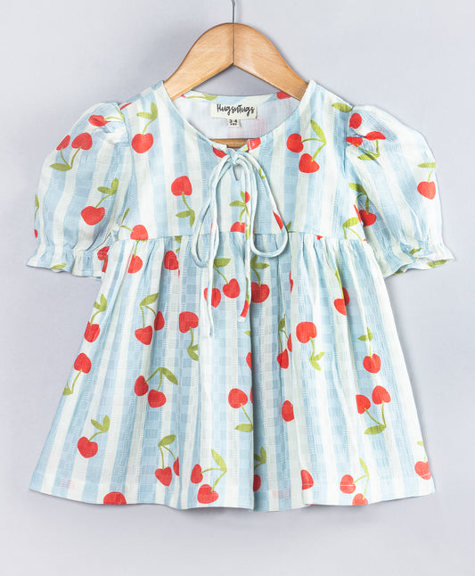 BLUE STRIPE TOP WITH ALL OVER CHERRY PRINT