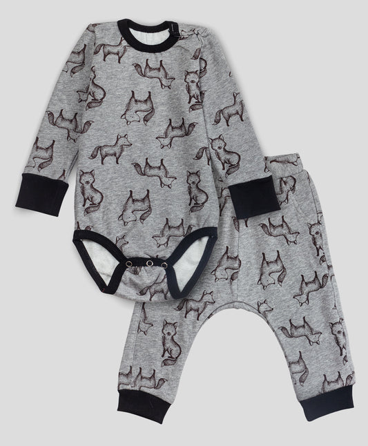 GREY FOX PRINT ROMPER AND PJ INFANT SET