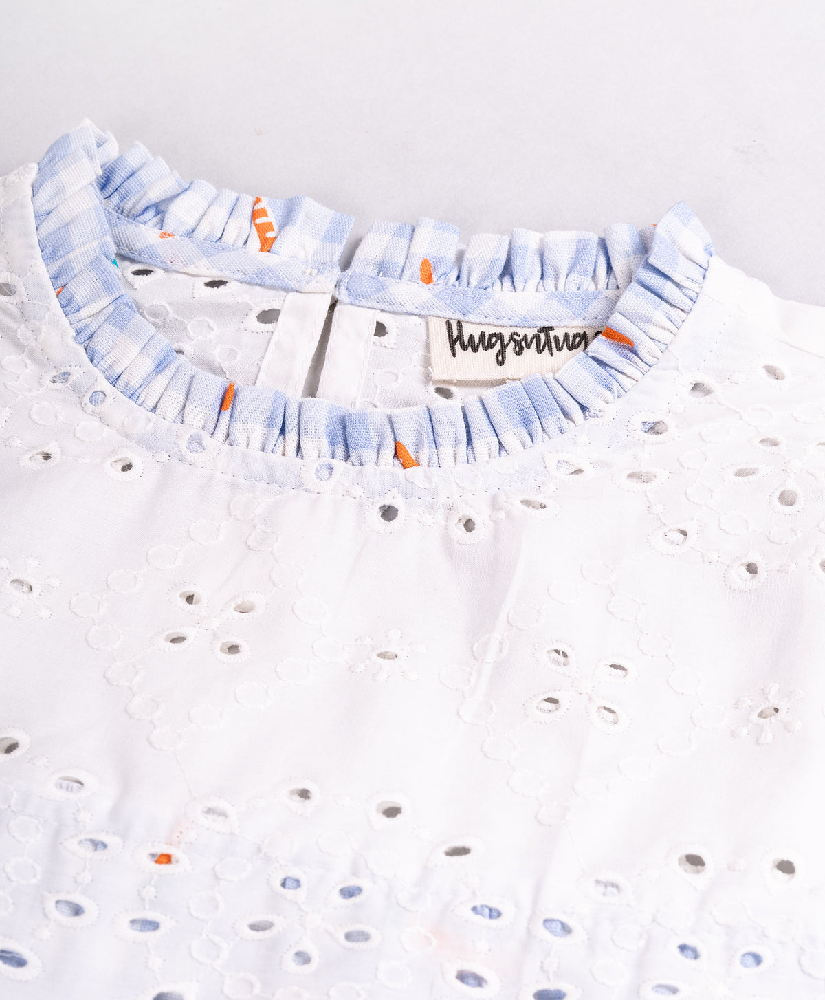 BLUE CHECK TOP WITH SCHIFLI OVERLAY YOKE AND SLEEVES